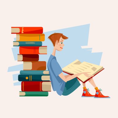 Bir çocuk kitap ve bir yığın kitap okuyor. Okuma yazma günü. Vektör illüstrasyonu