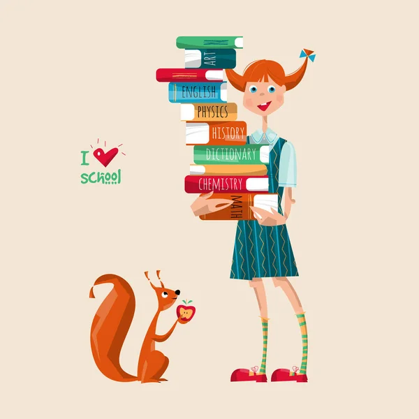 Una Chica Con Montón Libros Encanta Escuela Ilustración Vectorial — Archivo Imágenes Vectoriales