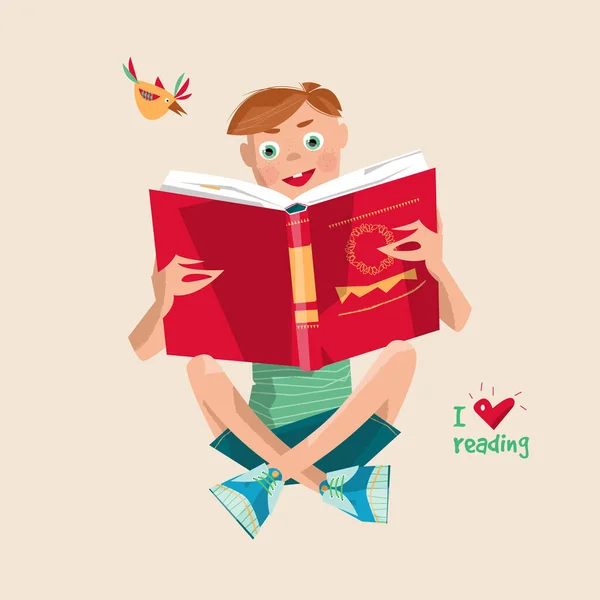 Chlapec Knihou Miluju Čtení Den Gramotnosti Vektorová Ilustrace — Stockový vektor