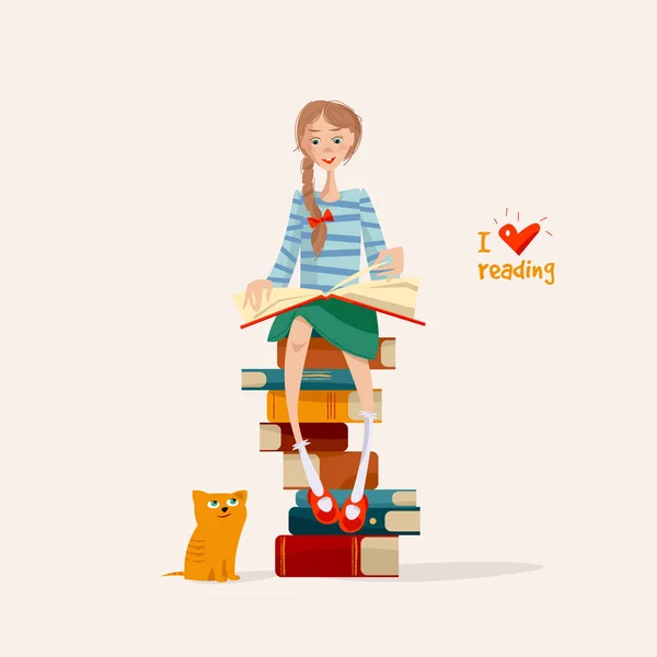 Una Chica Lee Libro Sentado Una Pila Libros Día Alfabetización — Archivo Imágenes Vectoriales