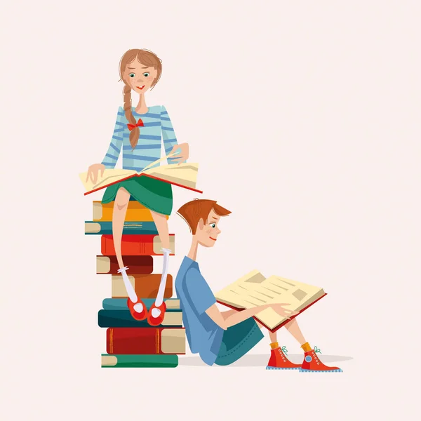 Mädchen Und Jungen Lesen Bücher Tag Der Alphabetisierung Vektorillustration — Stockvektor