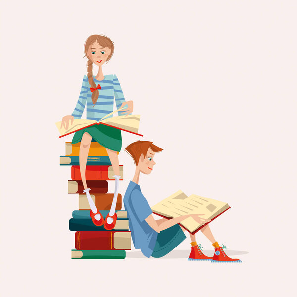 Girl and boy read books. Literacy Day. Vector illustration