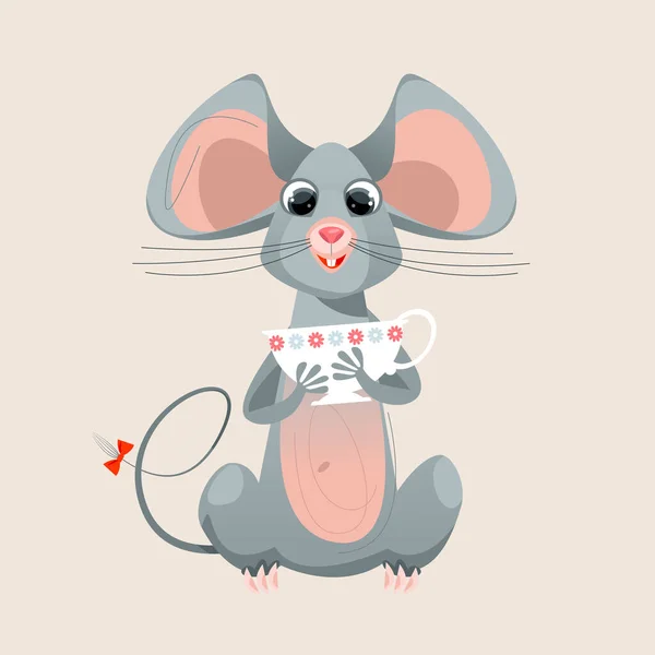 Смешная Мышь Держит Лапах Чашку Векторная Иллюстрация — стоковый вектор