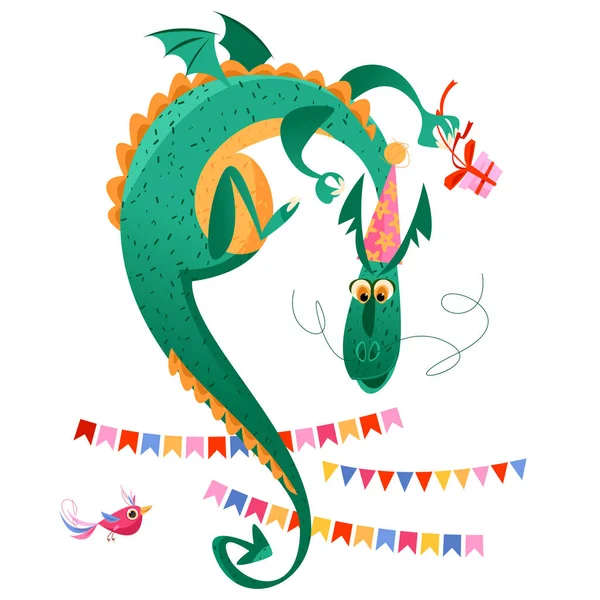 Festlich Fliegender Drache Mit Geschenk Und Girlanden Alles Gute Zum — Stockvektor