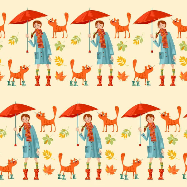 Девушка Зонтиком Кошкой Hello Autumn Бесшовный Рисунок Фона Векторная Иллюстрация — стоковый вектор