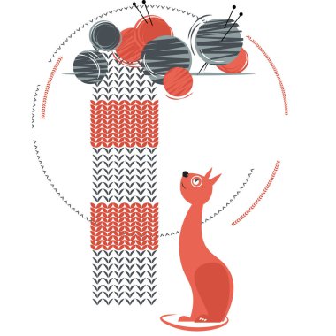 Örgü ören ve iplik yumakları olan bir kedi. Vektör illüstrasyonu