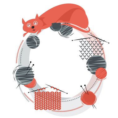 Örgü ören ve iplik yumakları olan bir kedi. Vektör illüstrasyonu