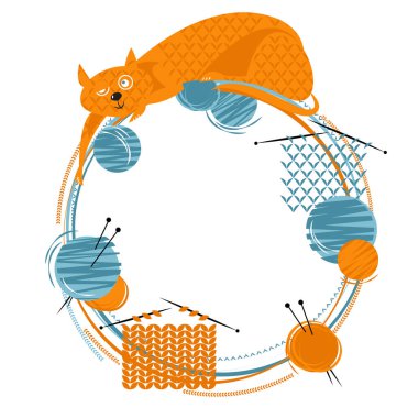 Örgü ören ve iplik yumakları olan bir kedi. Vektör illüstrasyonu