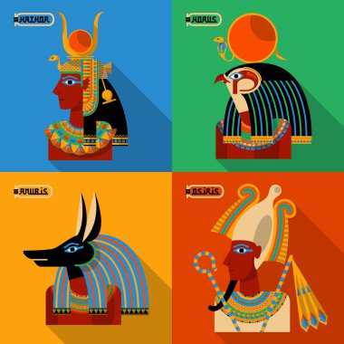 Mısır tanrıları. Hathor, Horus, Anubis, Osiris. Vektör illüstrasyonu