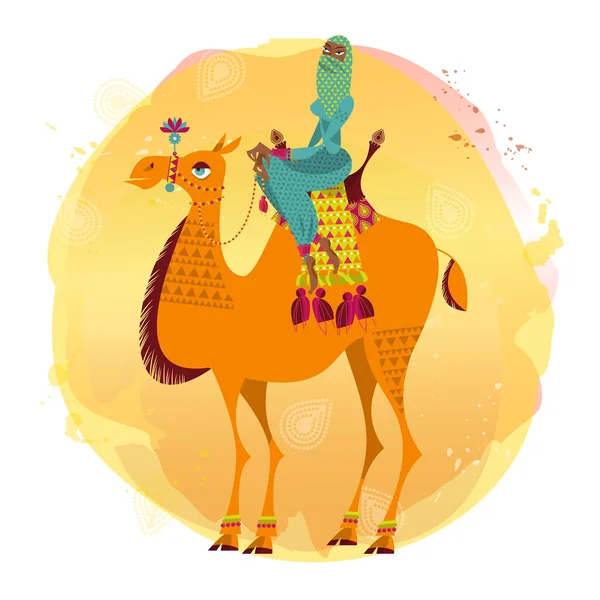 阿拉伯女人坐在一只装饰过的骆驼上矢量说明 — 图库矢量图片