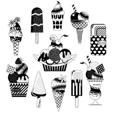 Dondurmanın farklı çeşitleri. Siyah ve beyaz. Vektör illüstrasyonu