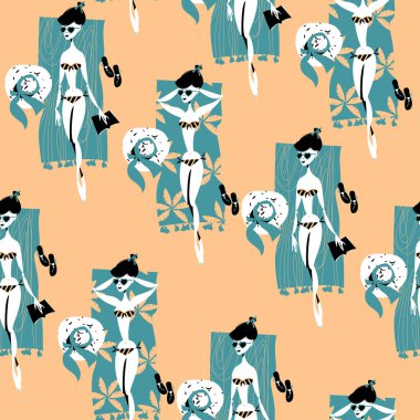 Yaz zamanı. Kızlar kumsalda güneşleniyor. Retro tarzı. Kusursuz bir arka plan modeli. Vektör illüstrasyonu