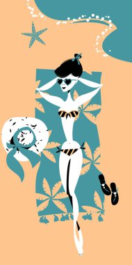 Yaz zamanı. Kumsalda güneşlenen bir kız. Retro tarzı. Vektör illüstrasyonu.