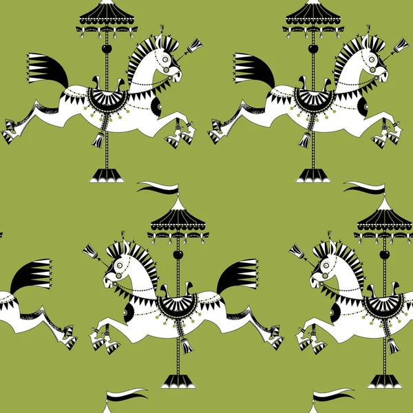 Klasyczny Koń Karuzelowy Czarno Białym Płynny Wzór Tła Ilustracja Wektora — Wektor stockowy