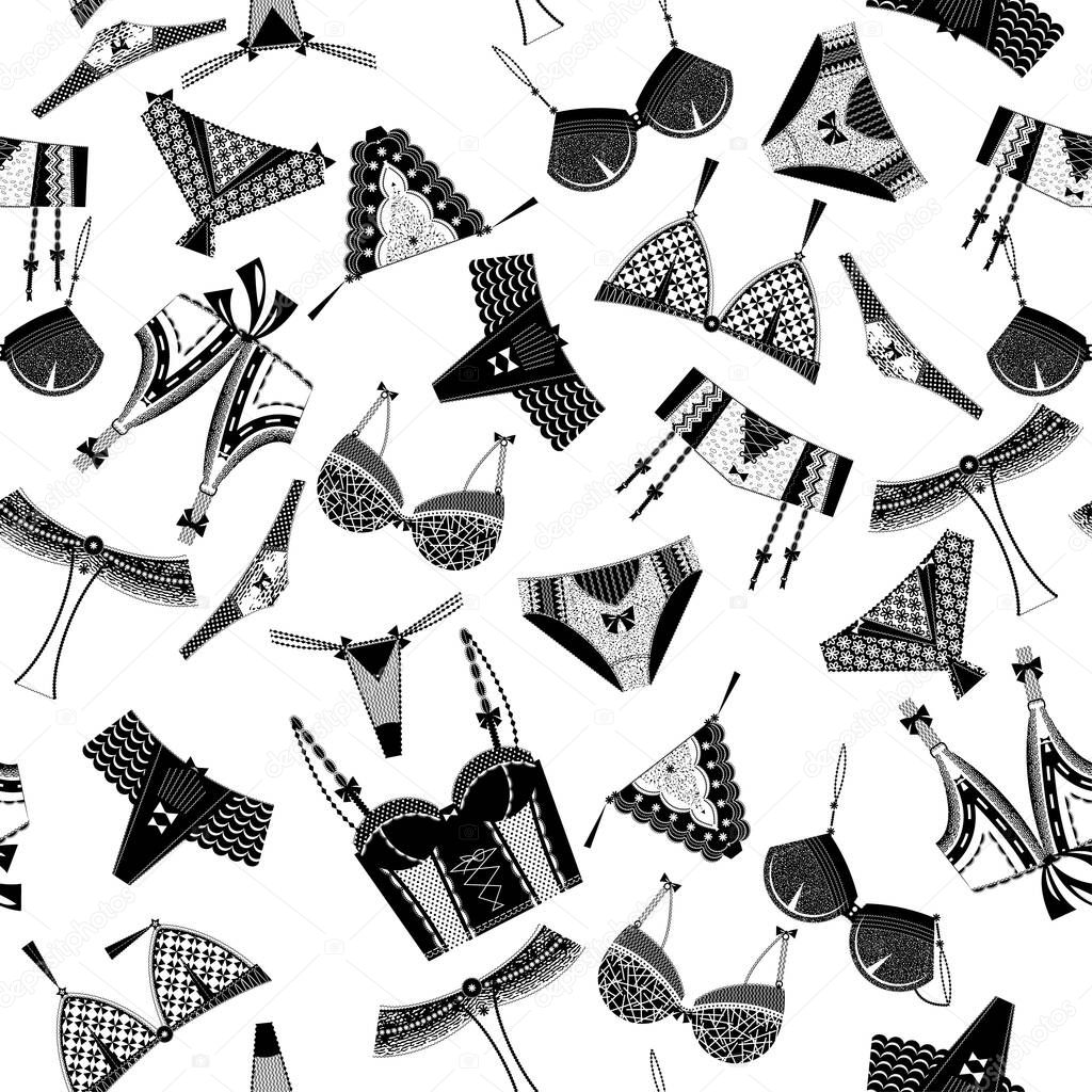 Woman lingerie, bra and pants. Black and white. Seamless background pattern. Vector illustration.