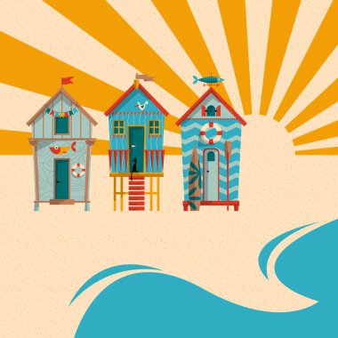 Beach huts with sand, sea and sun in the background. Summer holiday. Vector illustration clipart