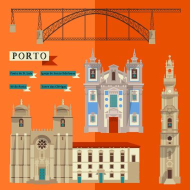 Porto 'nun manzarası. Portekiz, Avrupa. Vektör illüstrasyonu