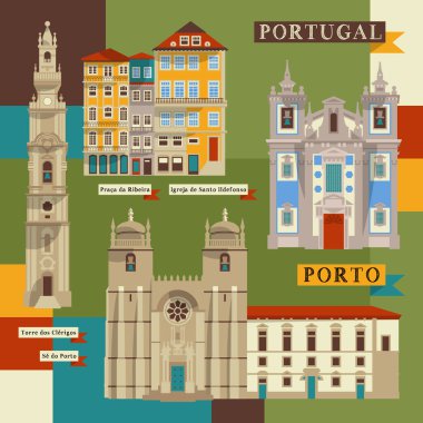 Porto 'nun manzarası. Portekiz, Avrupa. Vektör illüstrasyonu