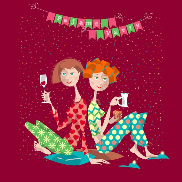 两个女孩在一个睡衣派对上 Pajama党 矢量说明 — 图库矢量图片