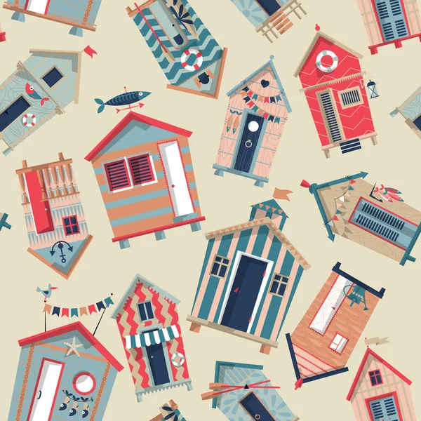 Verschillende Veelkleurige Beach Huts Naadloos Achtergrondpatroon Vectorillustratie — Stockvector