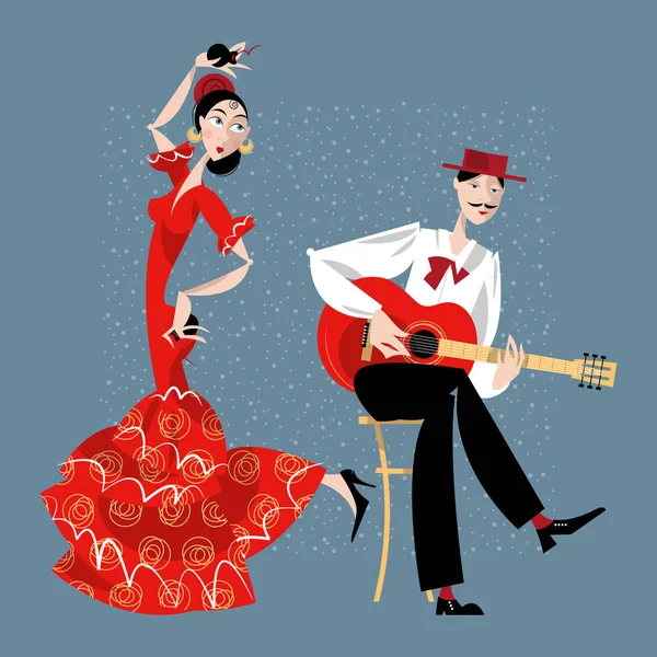 Flamenco Bailarina Guitarrista Ilustración Vectorial — Vector de stock