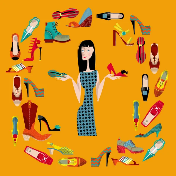 Wanita Dengan Koleksi Sepatu Waktu Belanja Ilustrasi Vektor - Stok Vektor