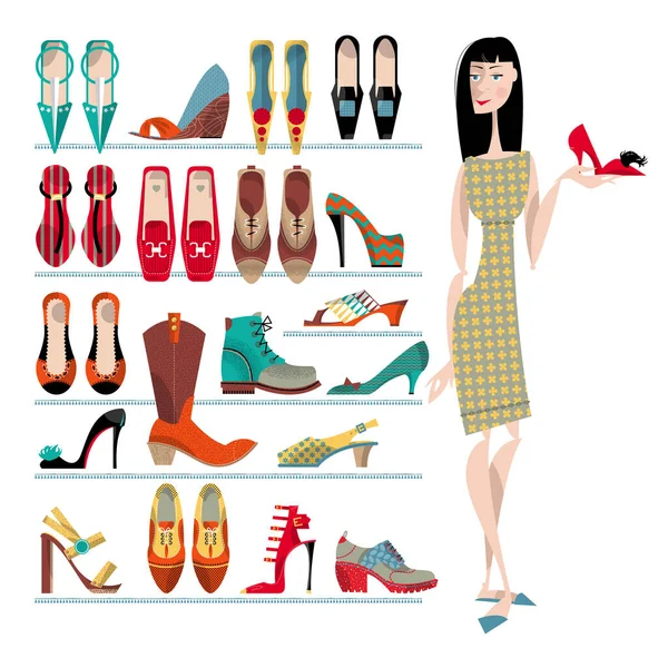Женщина Коллекцией Обуви Белом Фоне Время Покупок Векторная Иллюстрация — стоковый вектор