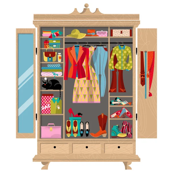 Armoire Pour Chiffons Armoire Avec Vêtements Sacs Boîtes Chaussures Temps — Image vectorielle