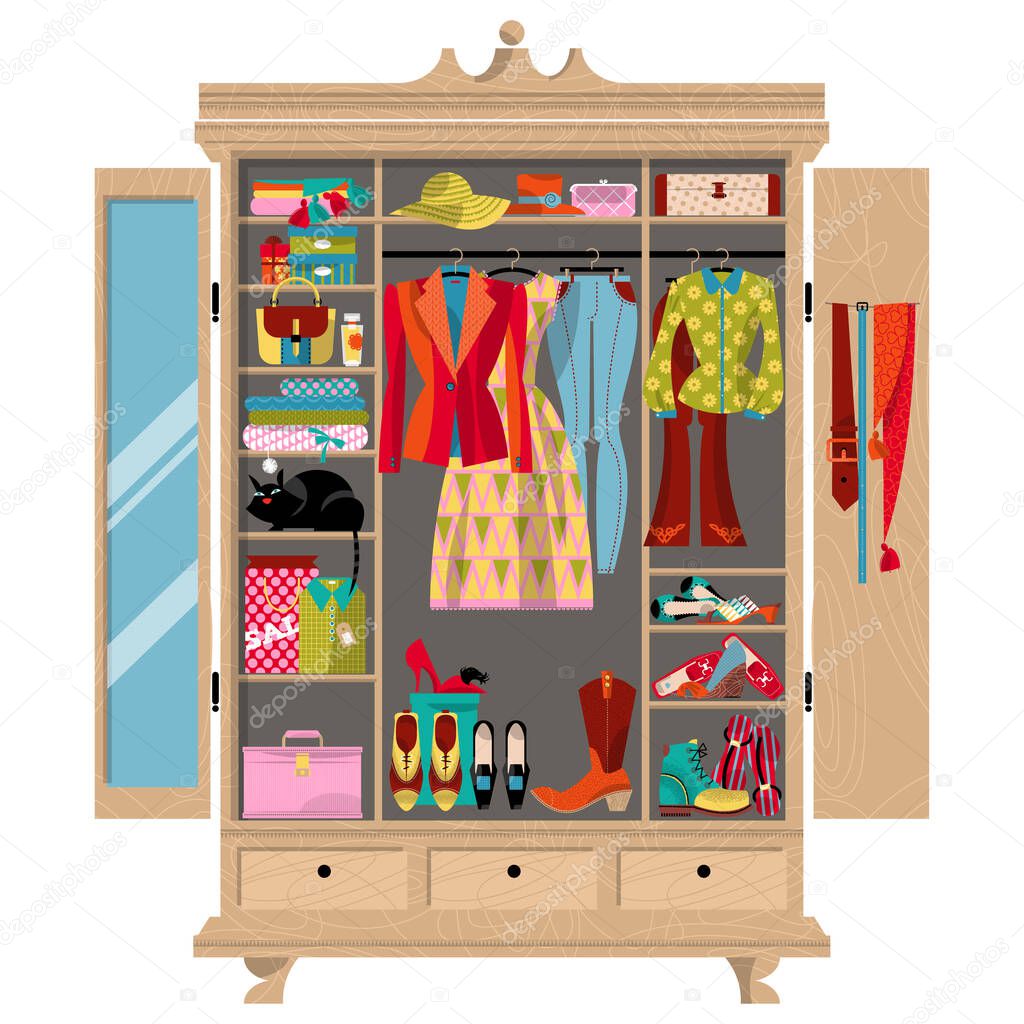 Wardrobe for cloths. Closet with clothes, bags, boxes and shoes. Shopping Time. Vector illustration