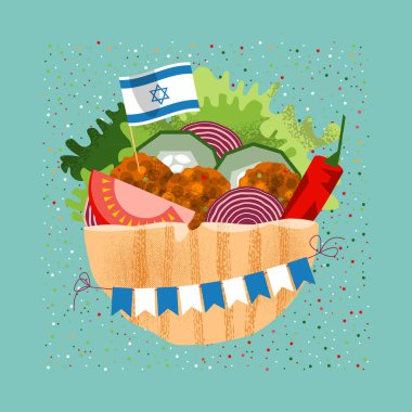 Bağımsızlık Günü için İsrail bayrağı ve çelengi olan Falafel. Vektör illüstrasyonu