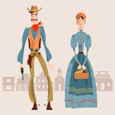 Vahşi batı. Kovboy ve kız. Vahşi Batı 'nın vektör illüstrasyonu. Kovboy ve kız. Vektör illüstrasyonu