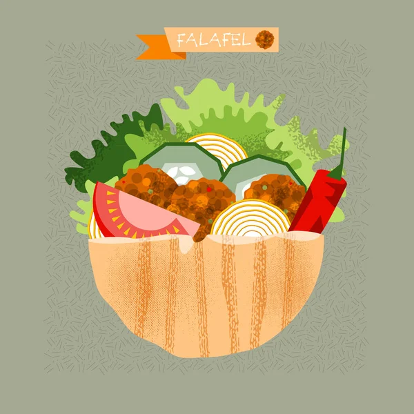 Falafel Töltött Pitát Zöldségekkel Vektorillusztráció — Stock Vector