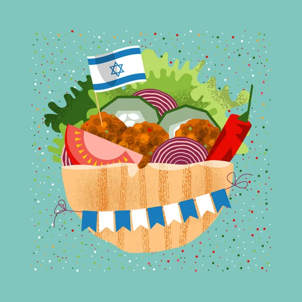 Falafel Com Bandeira Israelense Guirlanda Para Dia Independência Ilustração Vetorial — Vetor de Stock