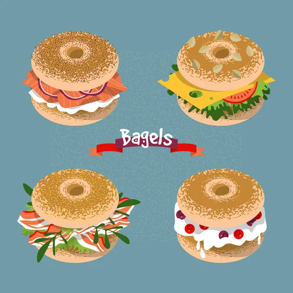 Set Bagels Various Topping Vector Illustration — Stock Vector
