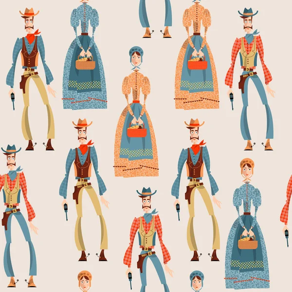 Vahşi batı. Kovboy ve kız. Kusursuz bir arka plan modeli. Vektör illüstrasyonu