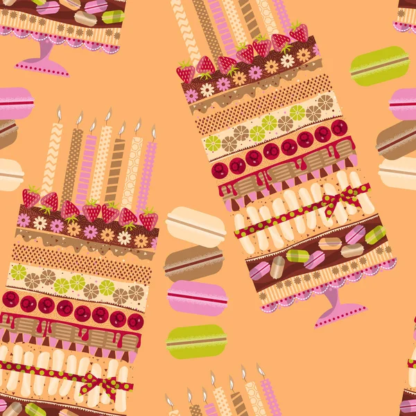 Big Multilayer Cake Candles Macaroons Seamless Background Pattern Vector Illustration — Stock Vector