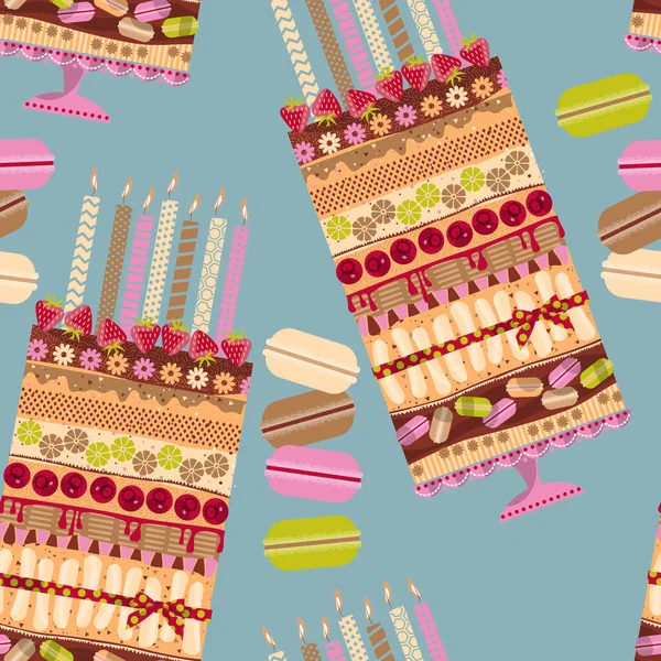 Big Multilayer Cake Candles Macaroons Seamless Background Pattern Vector Illustration — Stock Vector