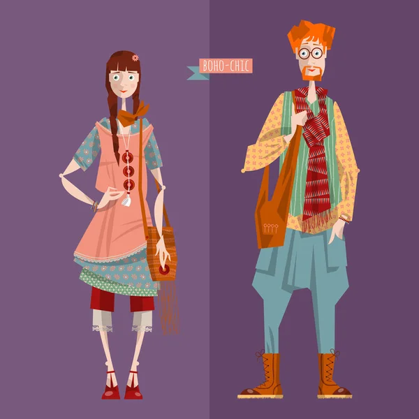 Mode Boho Couple Habillé Dans Des Vêtements Style Boho Illustration — Image vectorielle