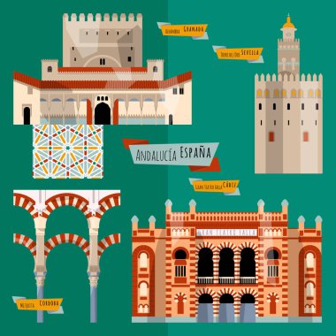 Sights of Andalusia. Seville, Granada, Cordoba, Cadiz, Spain, Europe. Vector illustration clipart