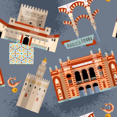 Endülüs manzarası. Seville, Granada, Cordoba, Cadiz, İspanya, Avrupa. Kusursuz bir arka plan modeli. Vektör illüstrasyonu