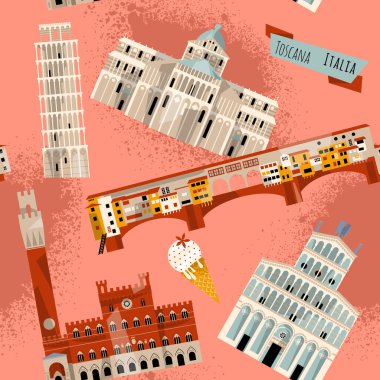 Toskana 'nın manzarası. Floransa, Lucca, Pisa, Siena, İtalya, Avrupa. Kusursuz bir arka plan modeli. Vektör illüstrasyonu