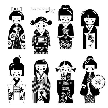 Geleneksel Japon bebeği. Kokeshi bebekleri. Siyah ve beyaz. Vektör illüstrasyonu