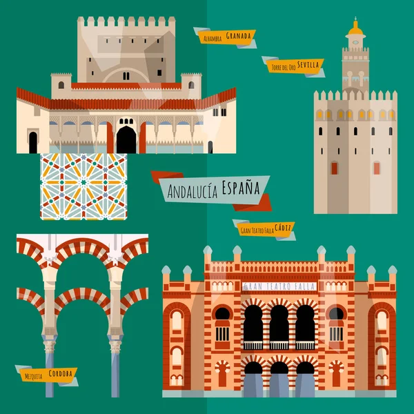 Zabytki Andaluzji Sewilla Granada Kordoba Kadyks Hiszpania Europa Ilustracja Wektora — Wektor stockowy