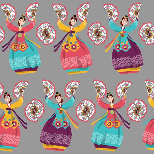 Mujeres Coreanas Realizando Baile Tradicional Fans Tradición Coreana Patrón Fondo — Vector de stock