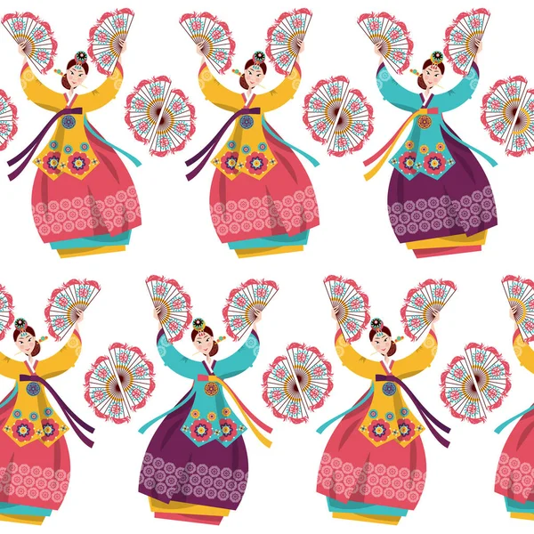 Korejky Předvádějí Tradiční Fanouškovský Tanec Korejská Tradice Bezproblémový Vzor Pozadí — Stockový vektor