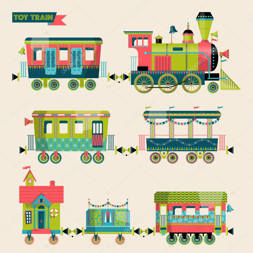Toy train. Locomotive with several multi-colored coaches. Vector illustration.