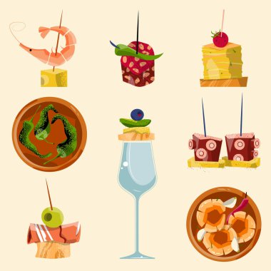 Geleneksel İspanyol yemekleri. Tapas seçimi. Vektör illüstrasyonu