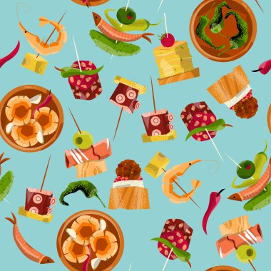 Geleneksel İspanyol yemekleri. Tapas seçimi. Kusursuz bir arka plan modeli. Vektör illüstrasyonu