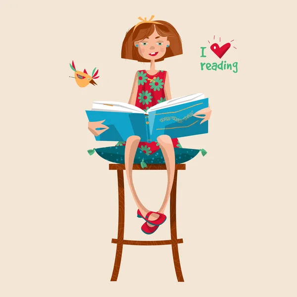 Une Fille Avec Livre Adore Lire Journée Alphabétisation Illustration Vectorielle — Image vectorielle