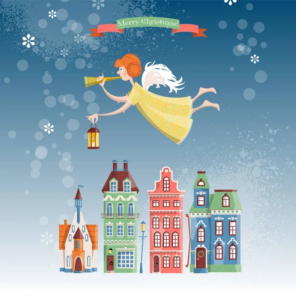 Ángel Navidad Con Trompeta Lámpara Volando Sobre Ciudad Invierno Feliz — Vector de stock